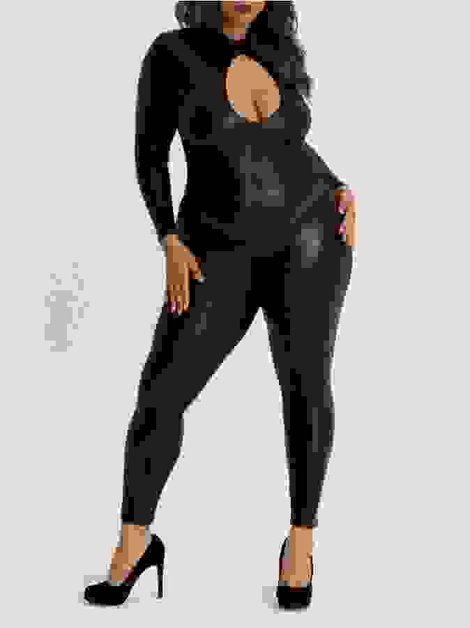 Lovehoney Plus Size Fierce Wet Look Zip-Around Cut-Out Catsuit, Black, hi-res